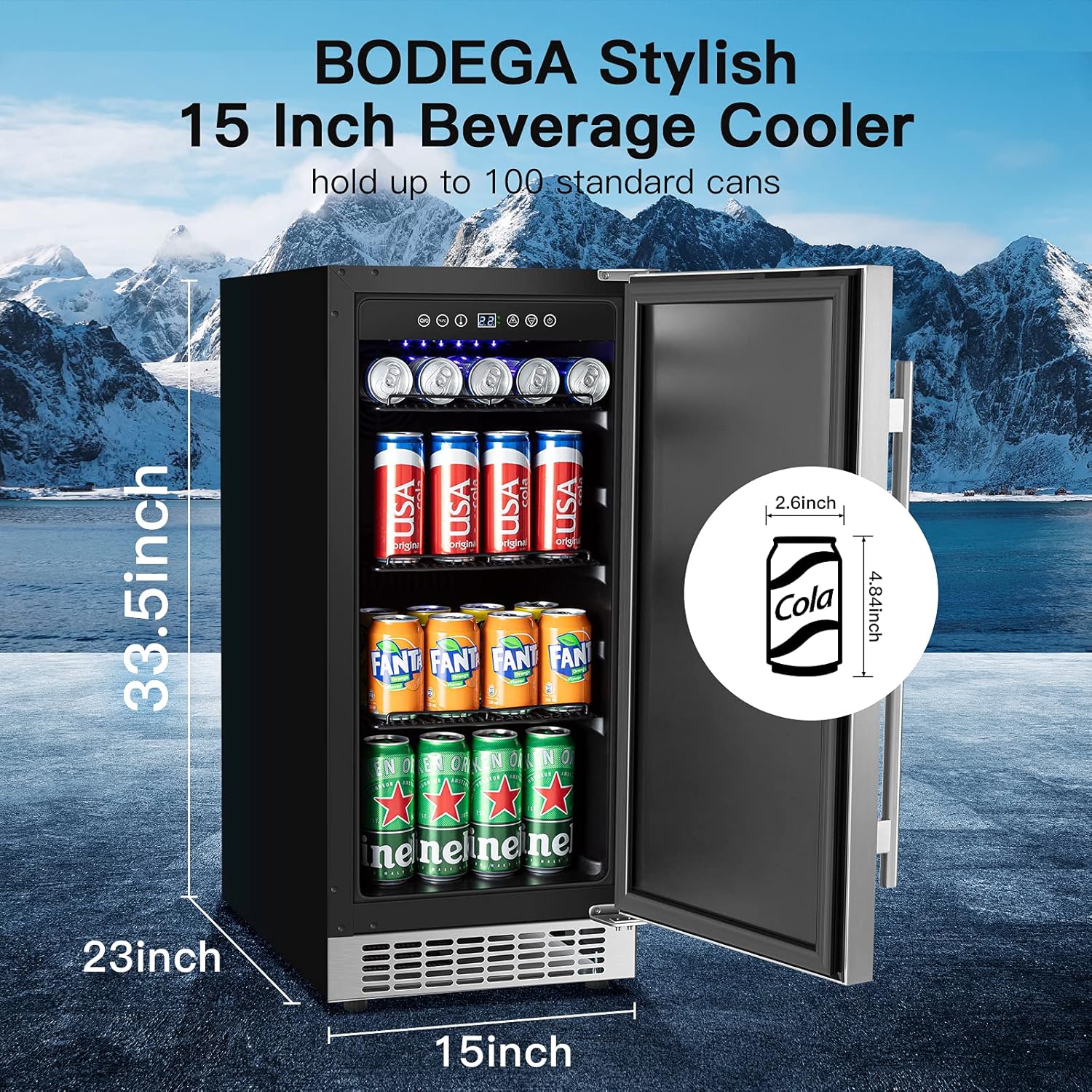 Beverage Cooler 24 Inch, Built-in and Freestanding Refrigerator 180 Cans, Stainless Steel I34420