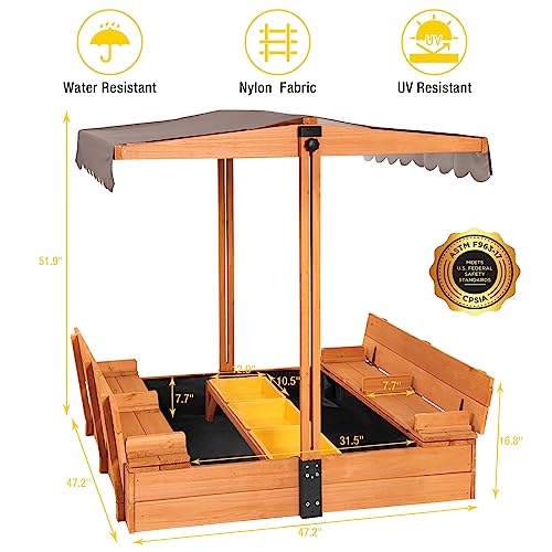 Kids Sandbox with Canopy, Foldable Bench Seats, Outdoor Wooden Playset H37656