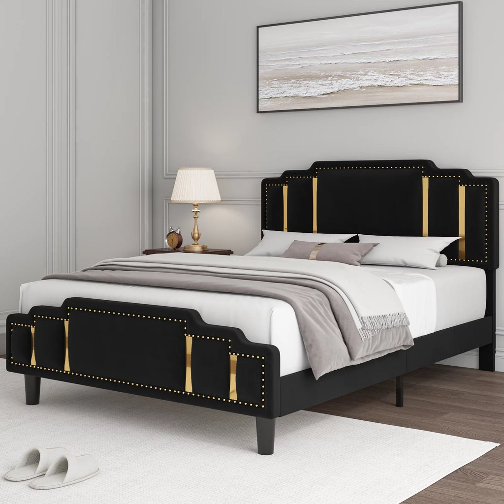 Queen Bed Frame, Velvet Upholstered Headboard with Golden Iron Sheet, Black Y30260