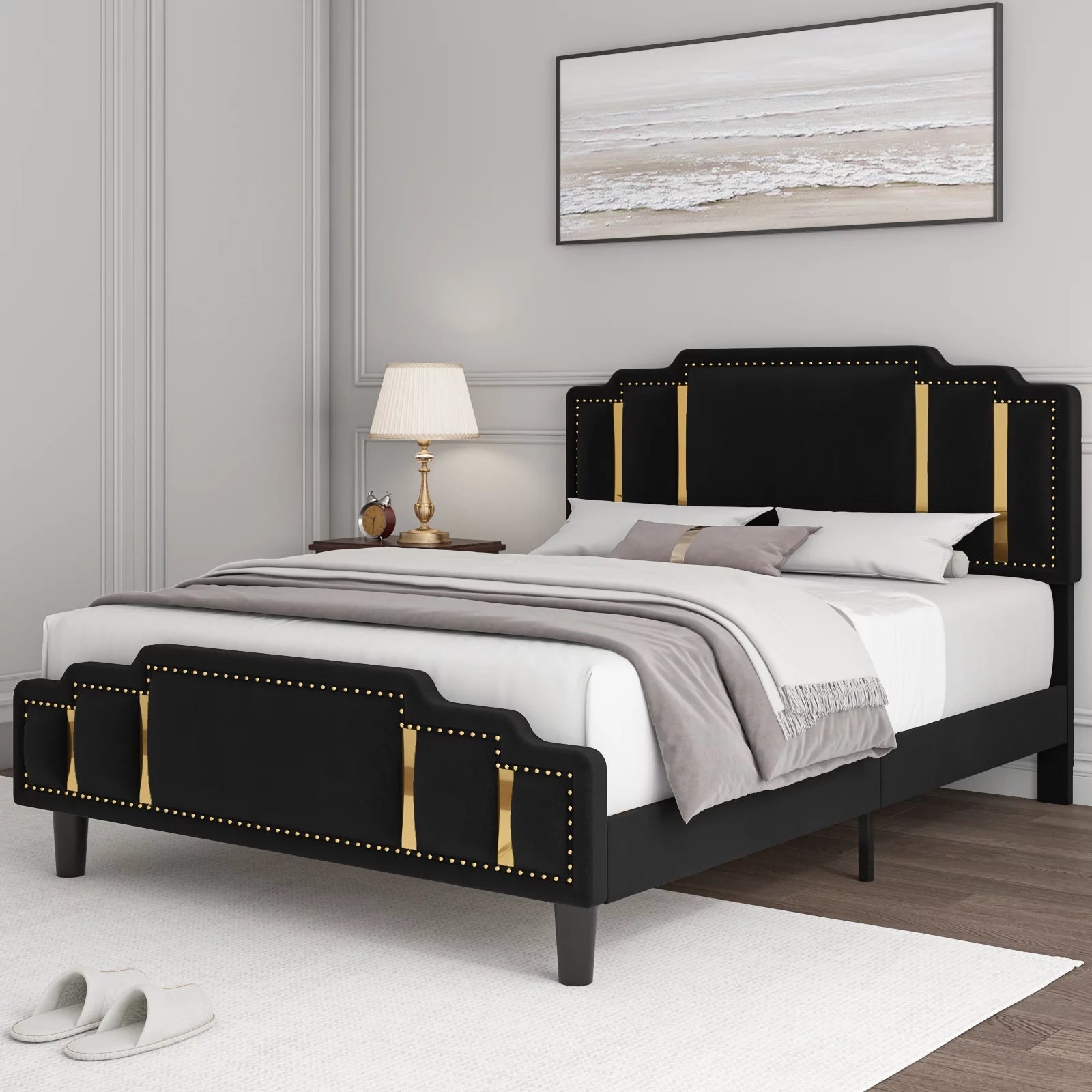 Queen Bed Frame, Velvet Upholstered Headboard with Golden Iron Sheet, Black Y30260