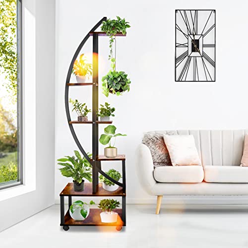 6 Tier Tall Metal Plant Stand with Hanging Loop, Half Moon Ladder Shelf for Indoor Outdoor Q5267