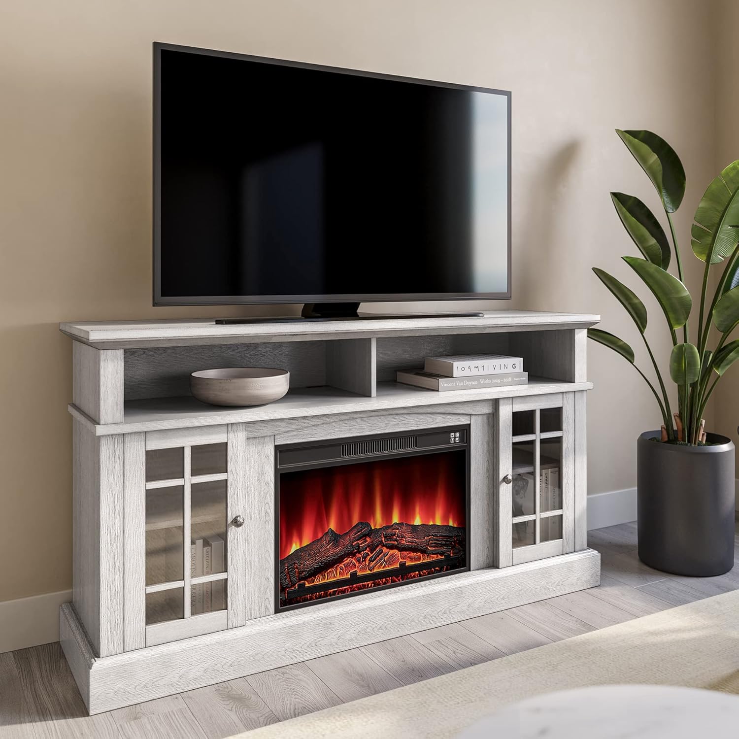Rustic Electric Fireplace TV Stand for TVs up to 65 Inches with Storage Shelves and Cabinets H41004
