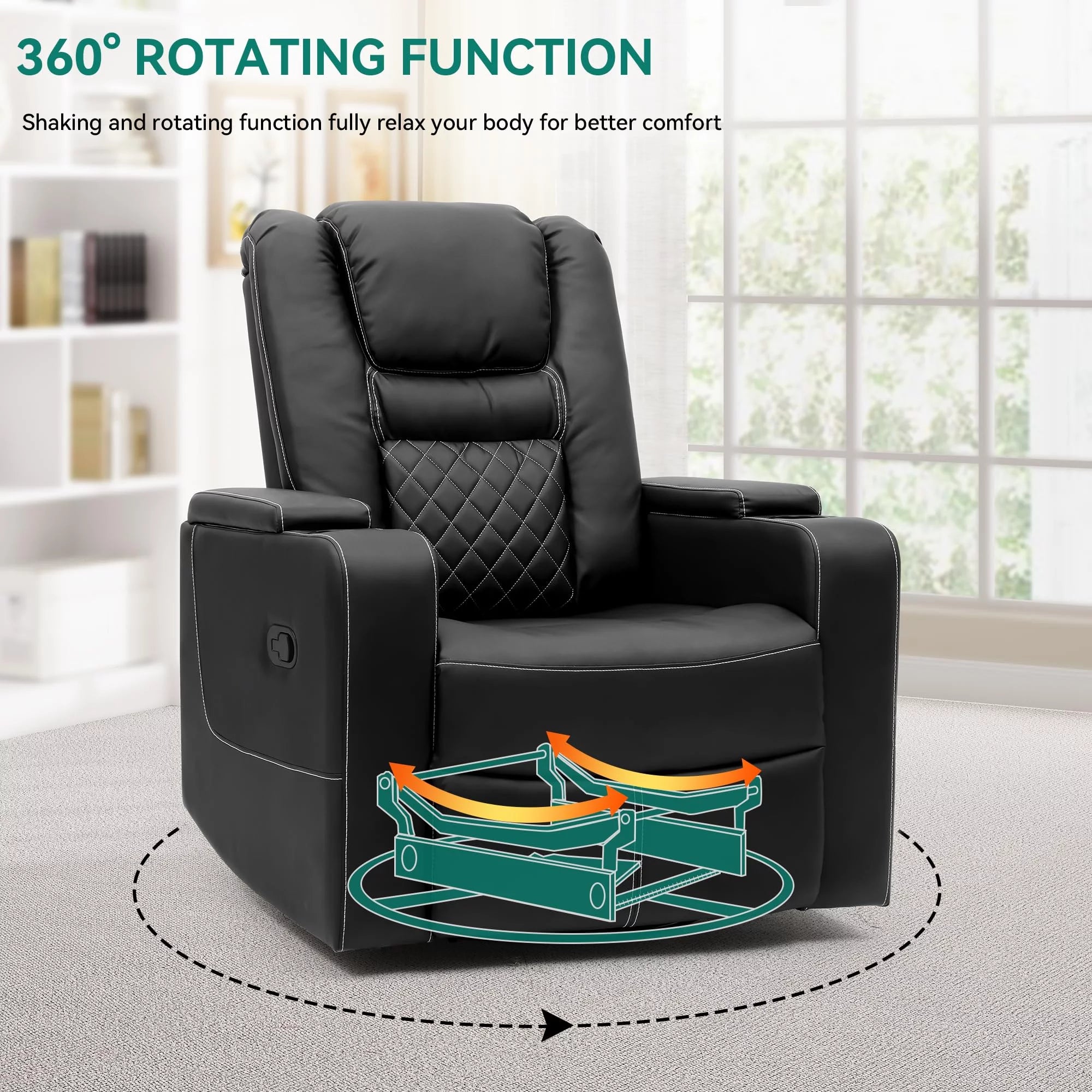 Swivel Recliner with Flip Armrests, Manual Pull Loop, and Cup Holders, Soft Leather Glider for Home Theater - Black B369862