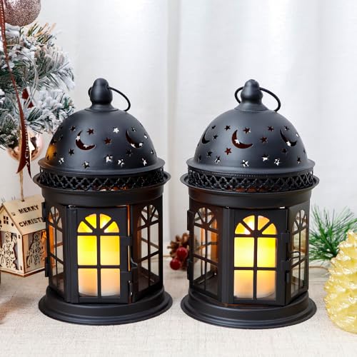 Set of 2 Decorative Hanging Lanterns, 8.5in, Metal Candle Holder for Indoor Outdoor Weddings Q5781