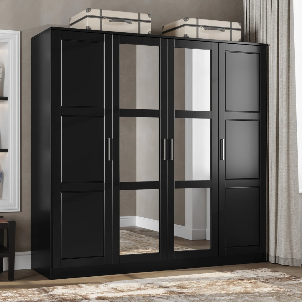 Solid Wood 4-Door Wardrobe with Mirrored Doors Black N69660