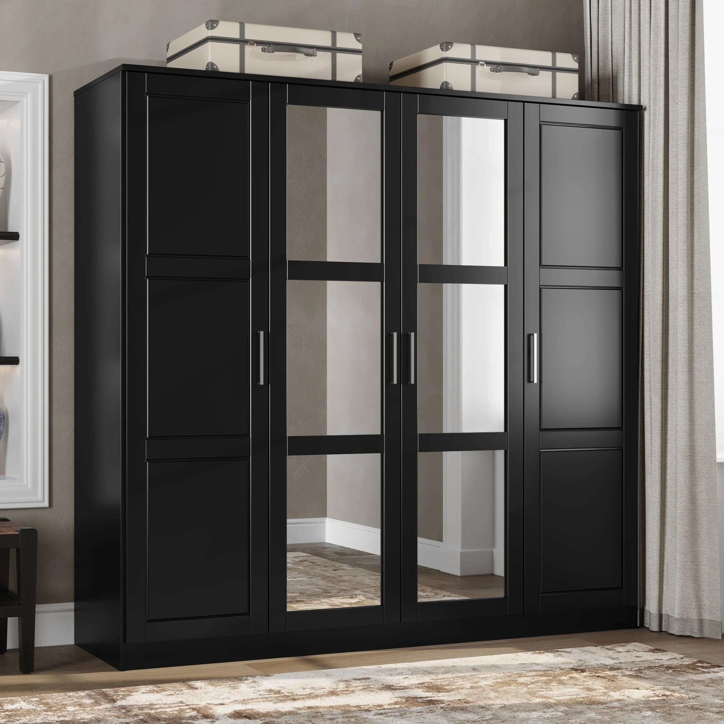 Solid Wood 4-Door Wardrobe with Mirrored Doors Black N69660