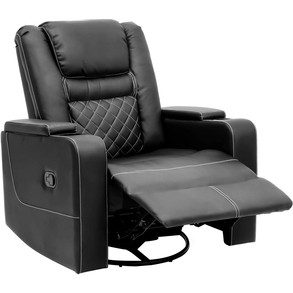 Swivel Recliner with Flip Armrests, Manual Pull Loop, and Cup Holders, Soft Leather Glider for Home Theater - Black B369862