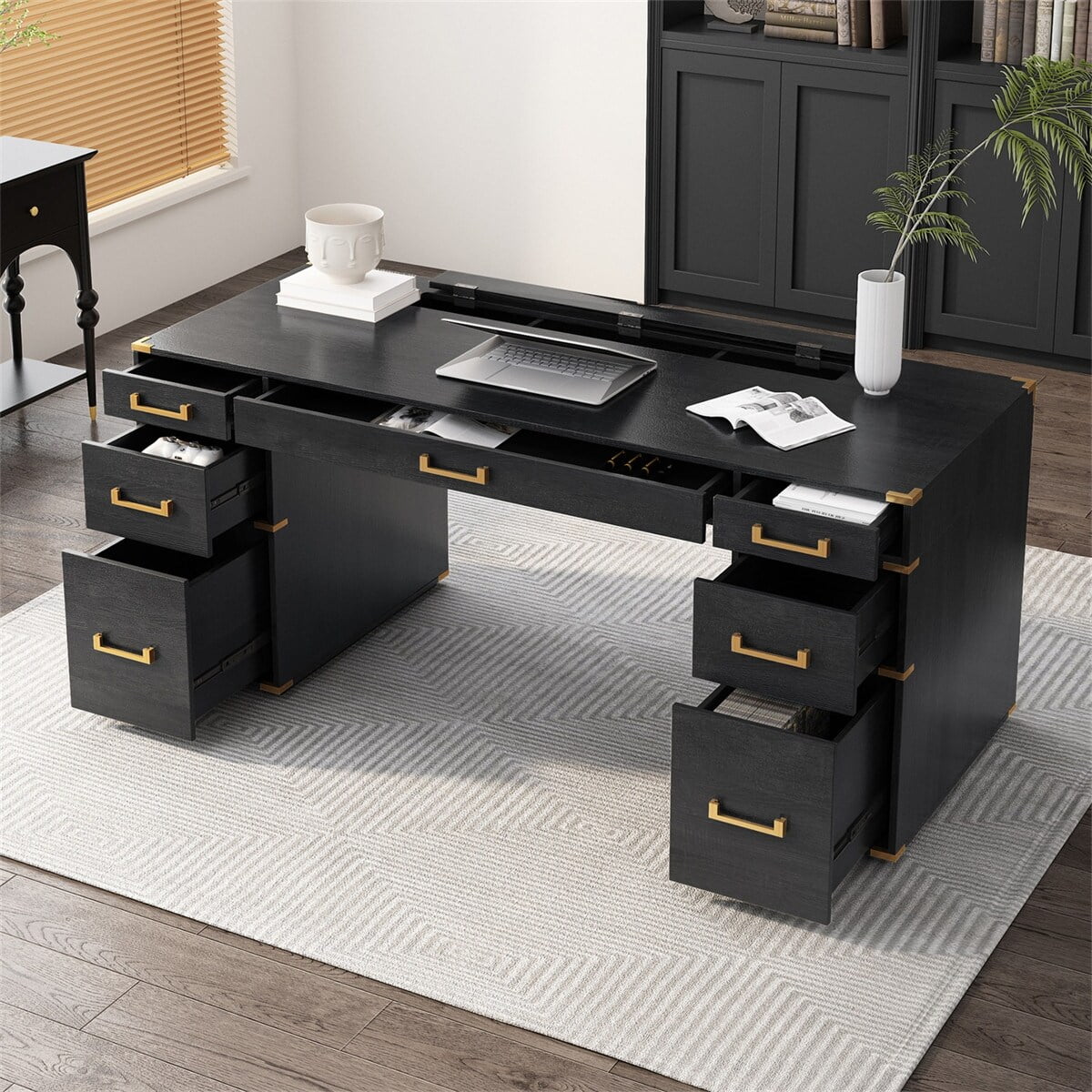 Executive Writing Desk with Metal Edge Trim, Black S901