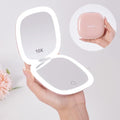 Compact LED Magnifying Travel Makeup-Mirror - 4 inches 1X/10X Magnification Small Hand Pocket Dimmable Double Sided USB Rechargeable Touch Screen, Portable Tabletop Cosmetic (White)