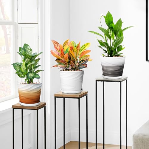Ceramic Plant Pot with Saucer for Indoor Plants, 8 Inch, Gray White N8103