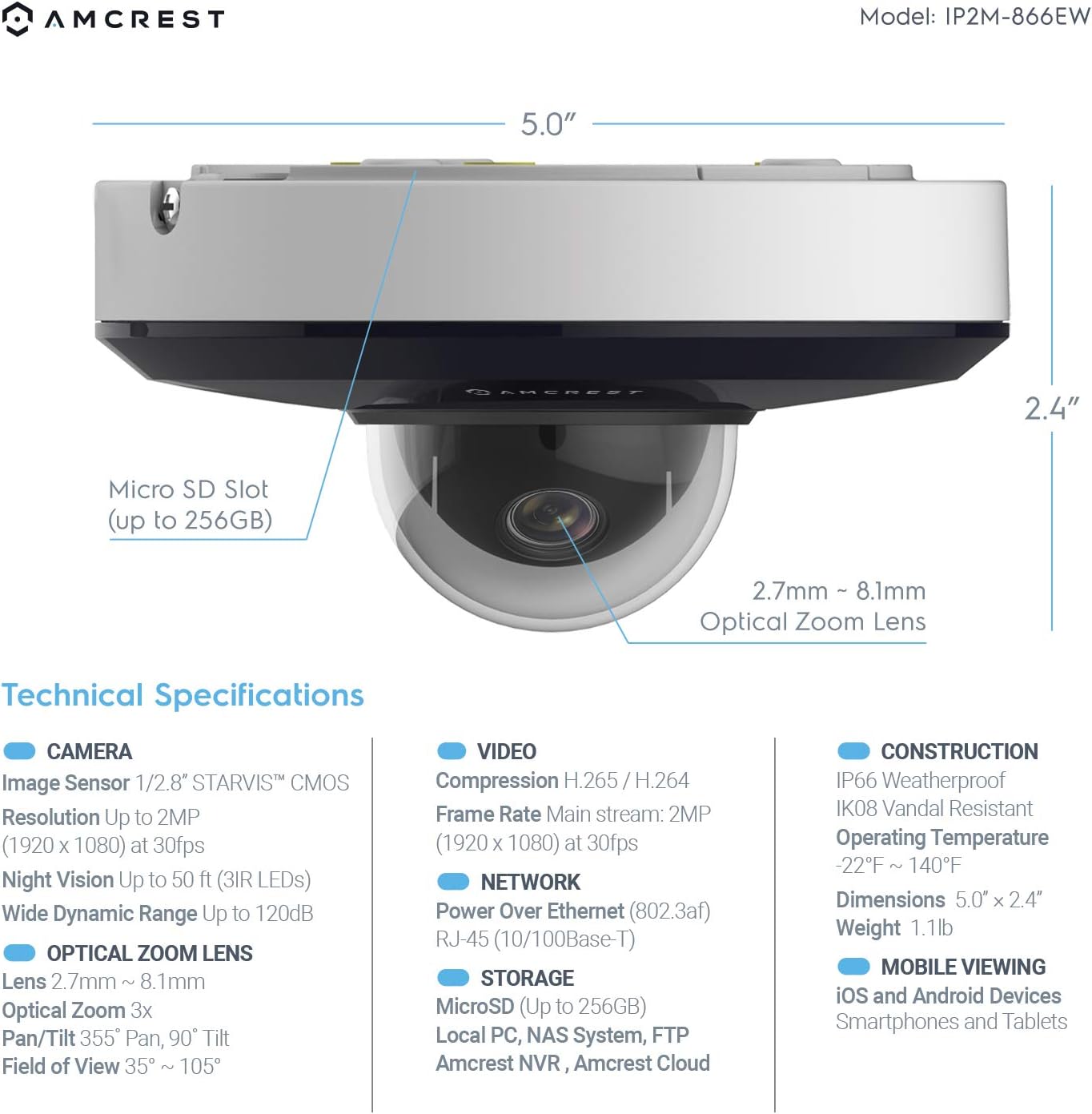 1080P PTZ Outdoor Dome IP PoE Camera with 3X Optical Zoom Q900366