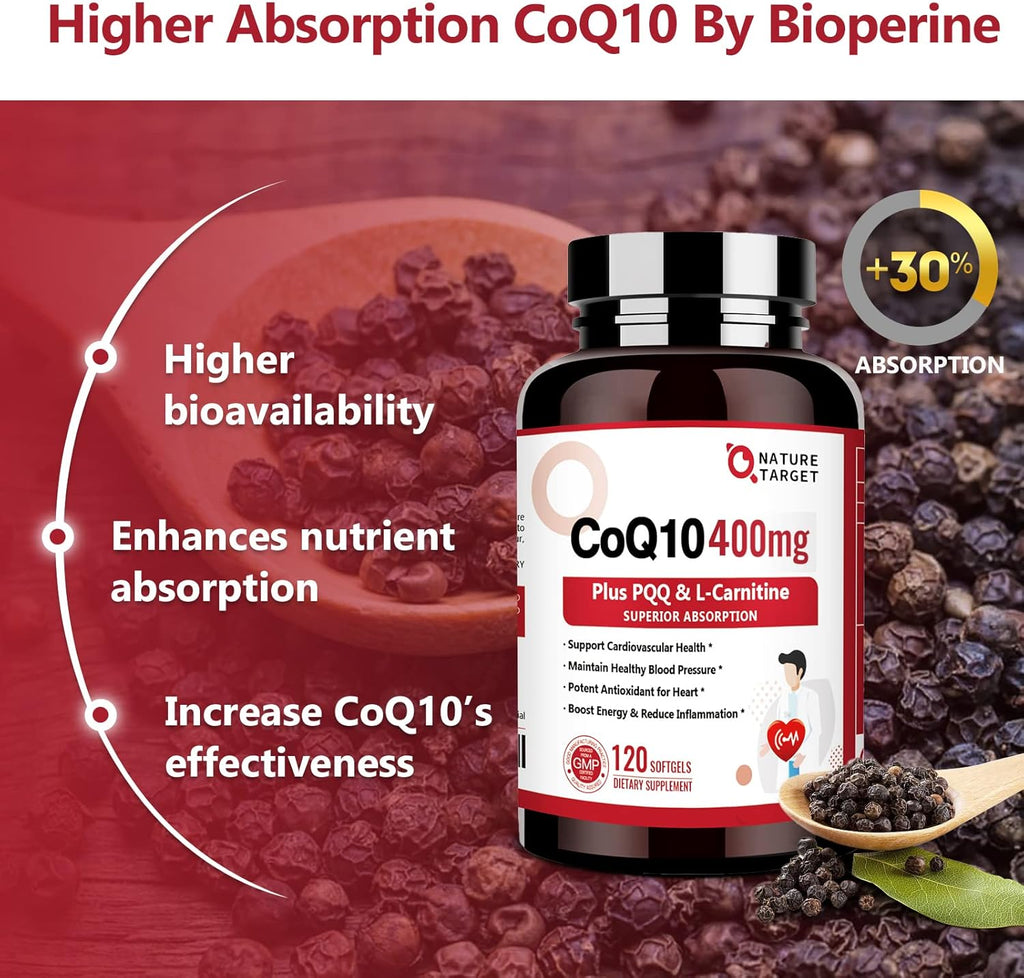 CoQ10 400mg with PQQ, Omega-3s & L-Carnitine, High Absorption, 120 Servings A258