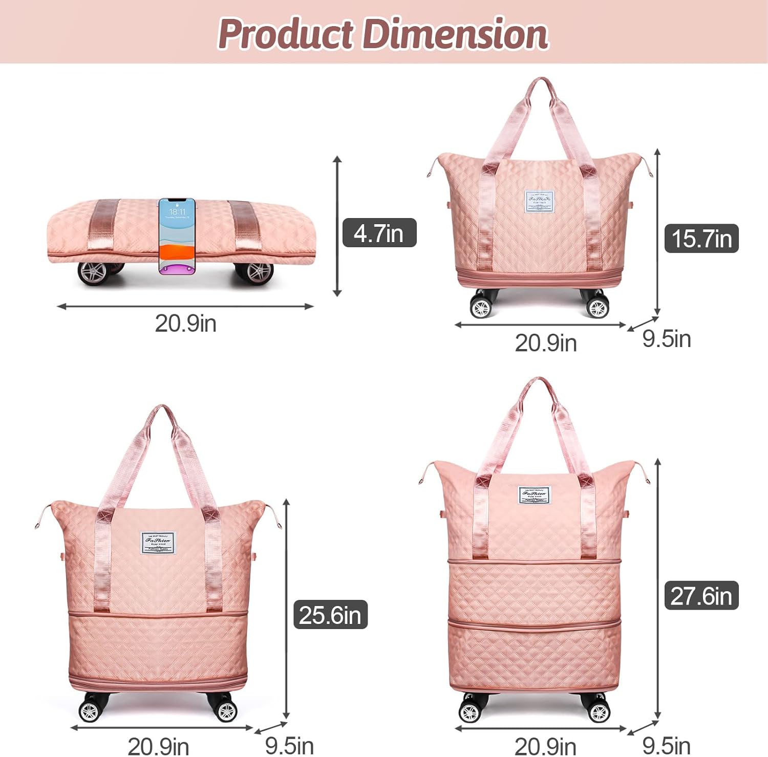 Rolling Duffel Bag with Wheels, Expandable Travel Luggage, Foldable Carry-On, Pink A167