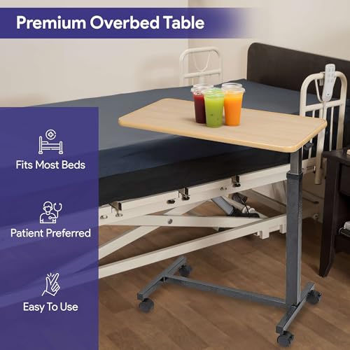Overbed Table with Wheels, Adjustable Height, Wood Top Q363099