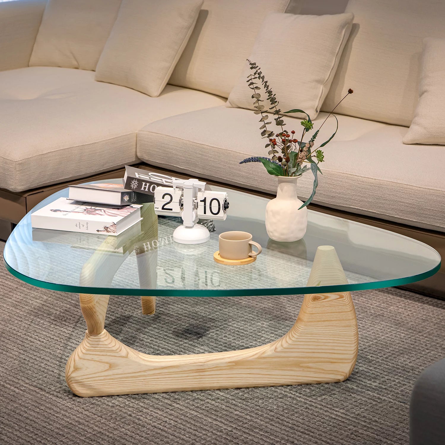 Mid Century Triangle Tempered Glass Coffee Table with Solid Wooden Base D231690
