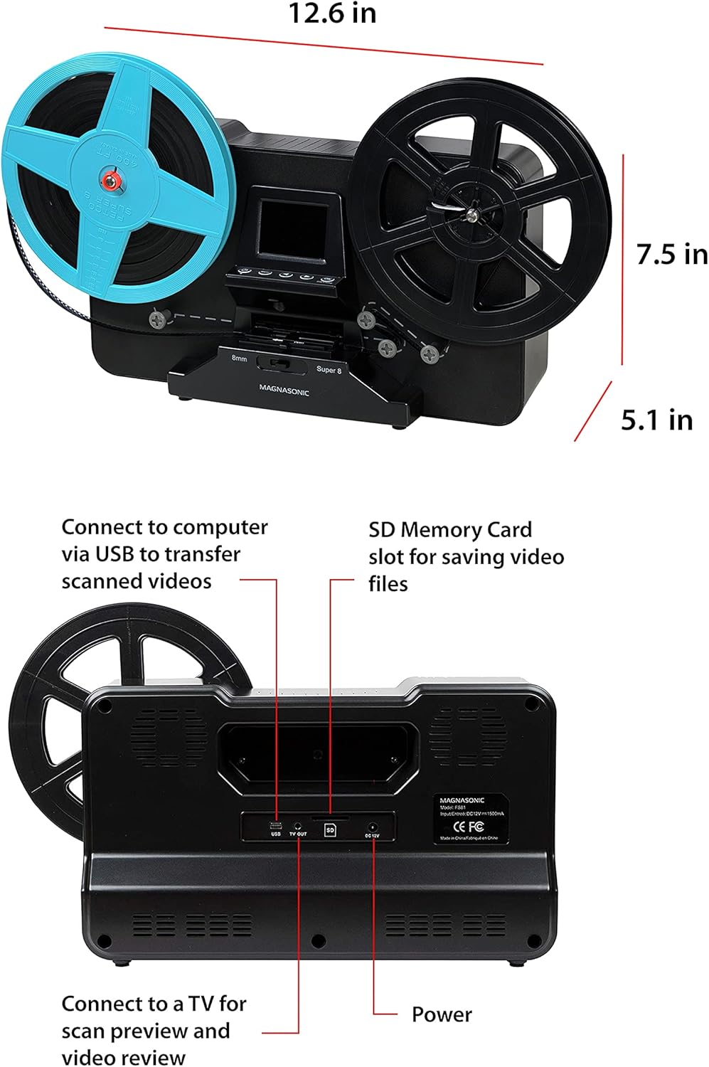 8mm Film Scanner with 2.3 Screen for Digitizing Movie Reels L9410