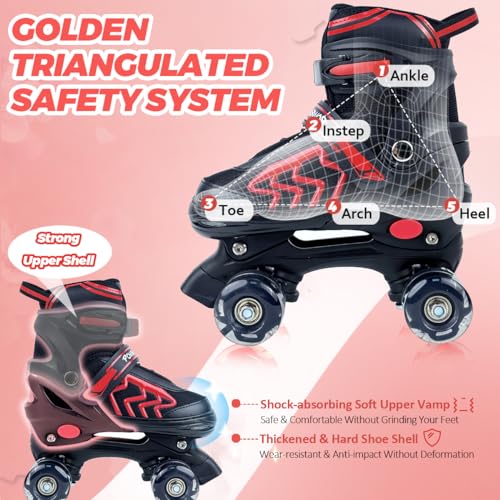 Kids Roller Skates Adjustable 4 Sizes with Light Up Wheels, Black & Red T777695
